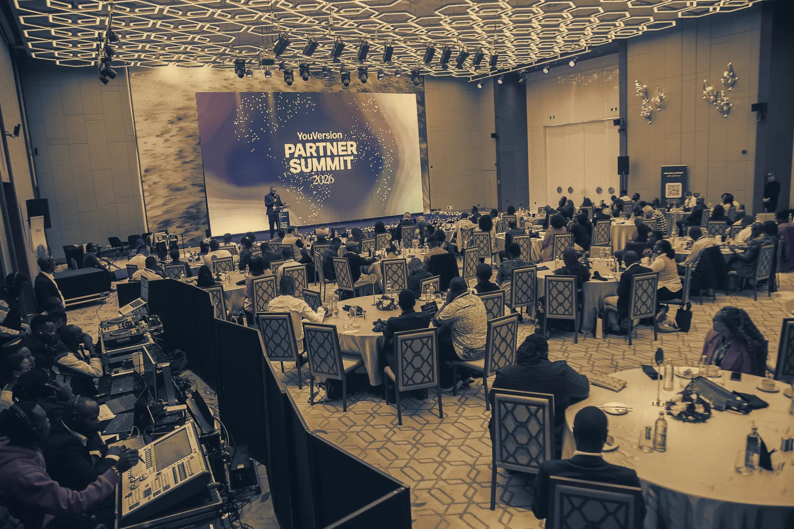 A full house at the YouVersion Partner Summit, with the production desk and crew working front of house